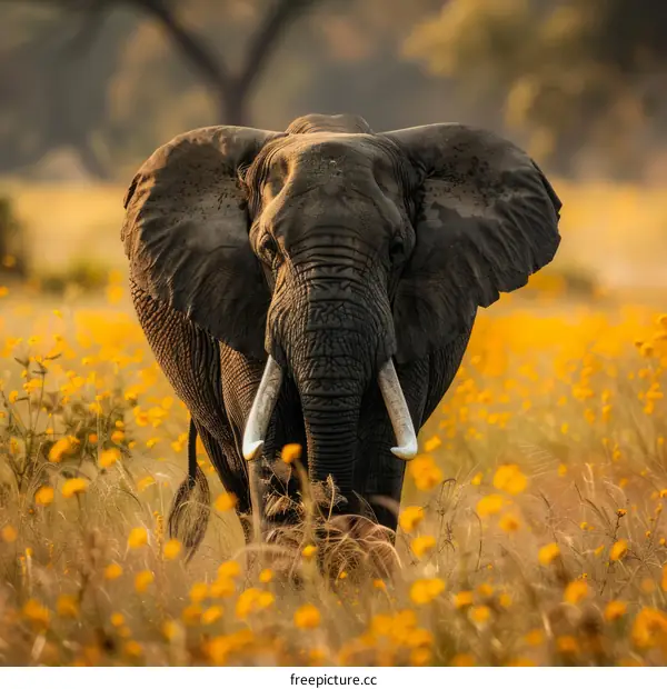 African elephant in a field of yellow flowers