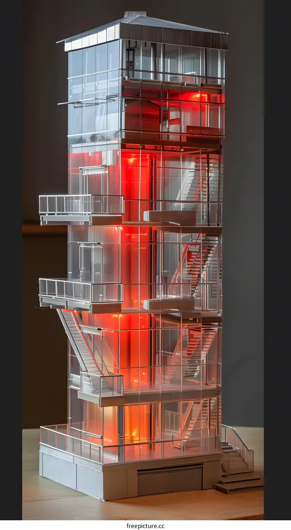 Glass and Steel Building Model with Red Lighting