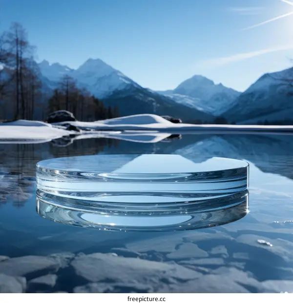 3D rendering of a clear glass platform floating on a frozen lake in the mountains