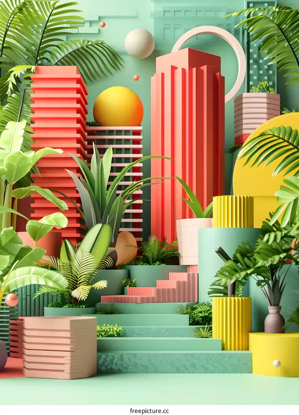 3D rendering of a tropical city with geometric shapes and bright colors