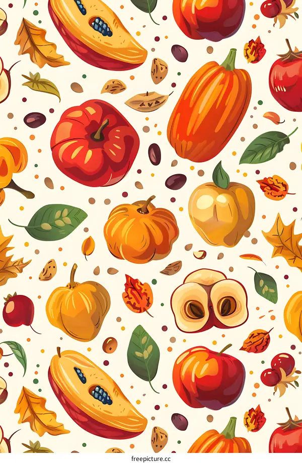 Autumn Seamless Pattern with Pumpkins, Leaves, and Apples