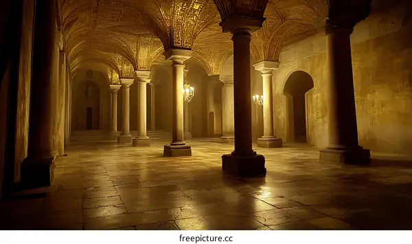 Golden Arches and Pillars in a Grand Hallway