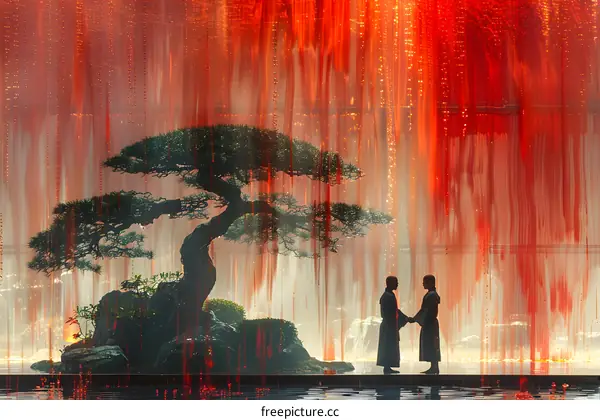 Two monks standing in front of a tree with a red background