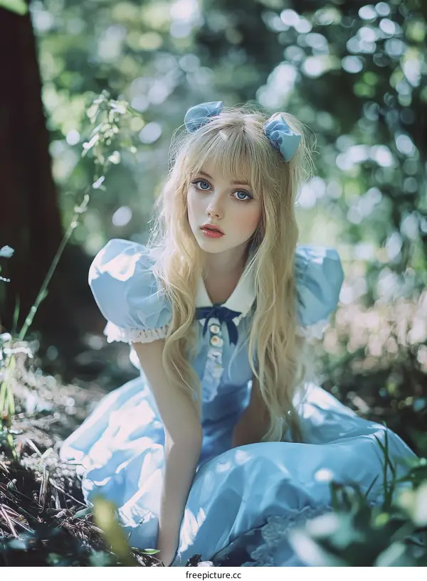 A Fairytale Girl in a Light Blue Dress in the Woods