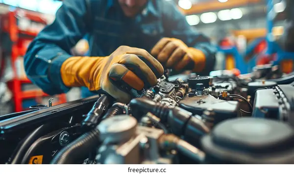 mechanic wearing yellow gloves fixing a car engine