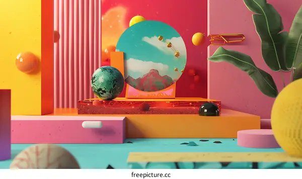 Abstract 3D Design With Geometric Shapes, Balls And A Photo Of A Ferris Wheel