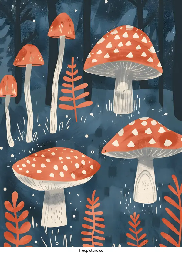 Forest Mushrooms Illustration With Blue Background