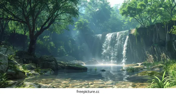 Waterfall in the lush tropical jungle