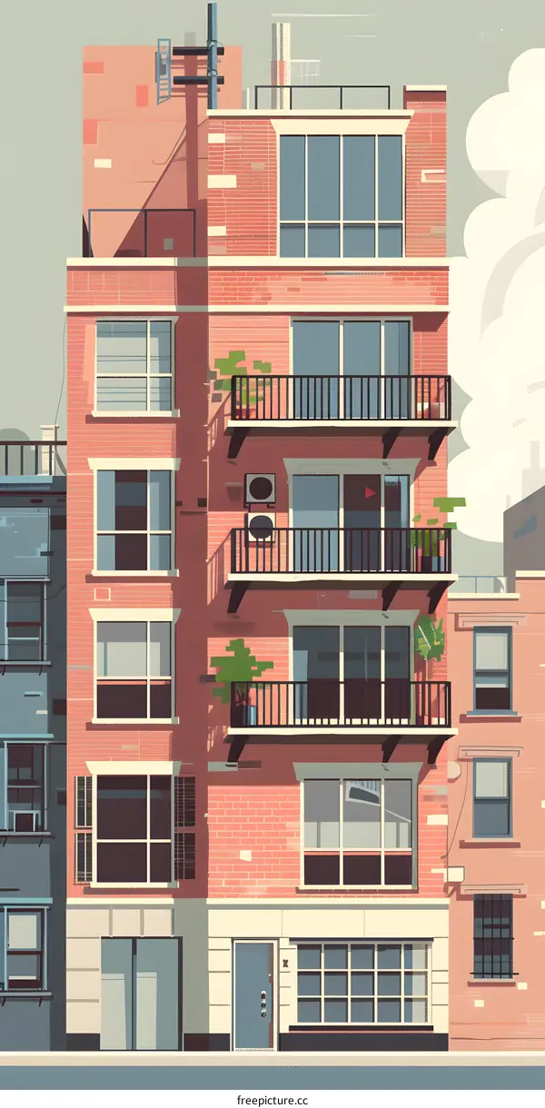 Brick Building Illustration with Balconies and Windows