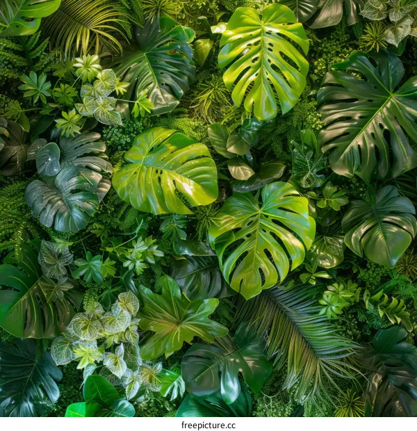 lush green leaves of various tropical plants