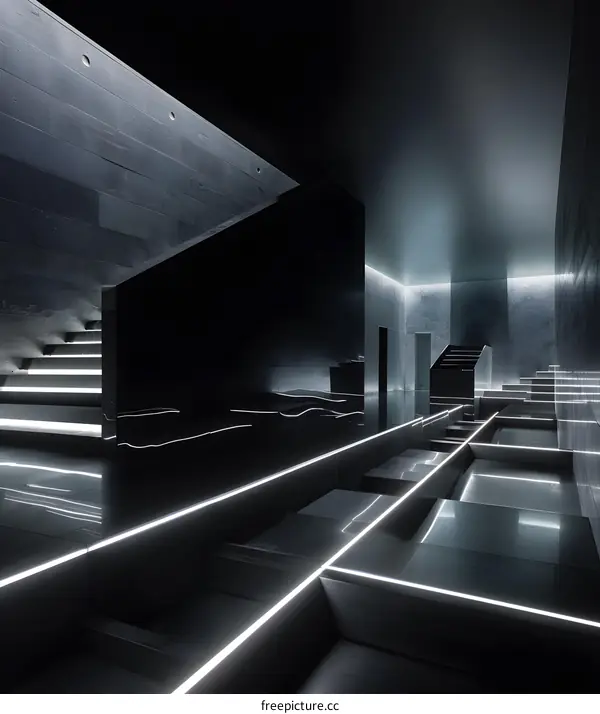 Modern Minimalist Black and White Interior Design with Stairs and Neon Lights