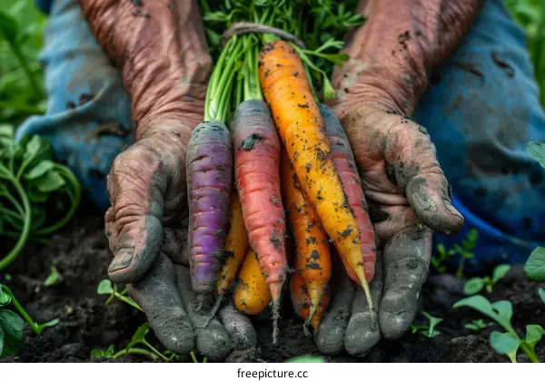 A farmer holds a handful of freshly harvested carrots.