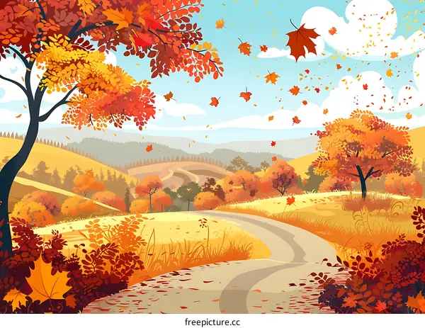 Autumn Landscape with Winding Road and Falling Leaves