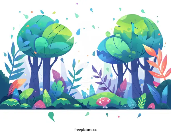 Colorful Illustration of a Forest With Trees and Rain