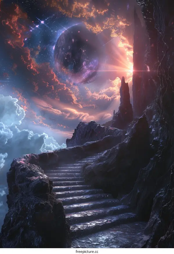 Glowing Planet Staircase: A Fantasy Landscape