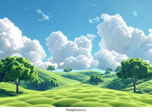 Rolling Green Hills under a Blue Sky with Clouds