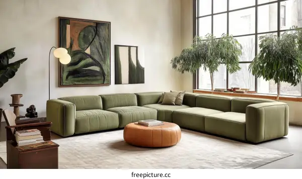 Modern Living Room Interior Design with Green Sofa