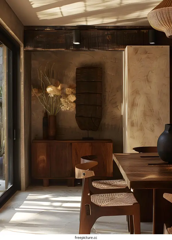 Minimalist Interior Design With Wooden Furniture And Dried Flowers