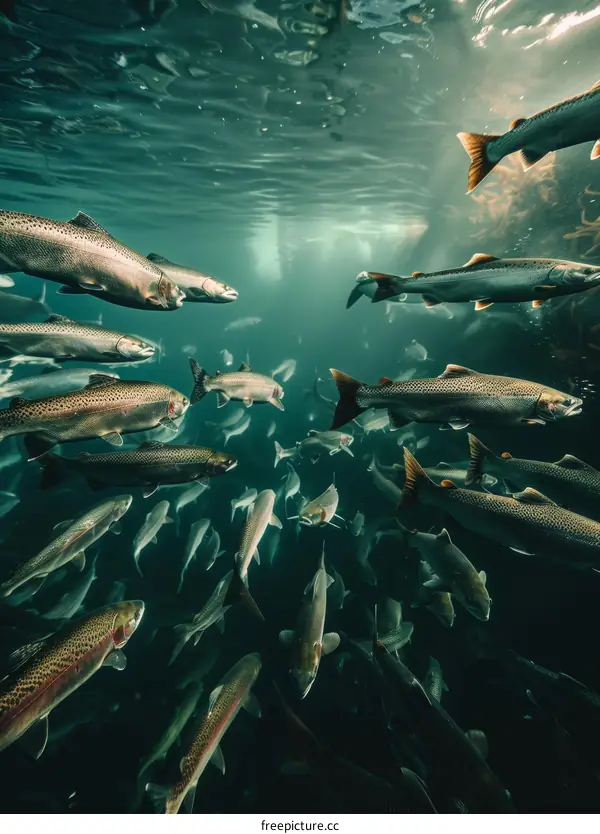 A large group of fish swim in a dark green water