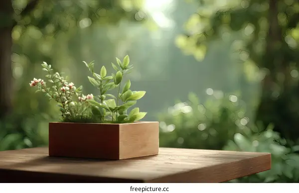 Wooden Planter with Plants in Natural Setting