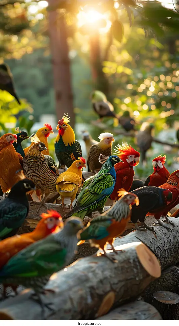 A group of colorful birds are perched on a branch in a forest