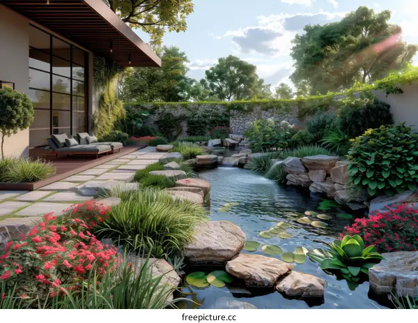 Serene Courtyard Design with Koi Pond and Bridge