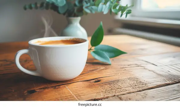 White Ceramic Coffee Mug on a Wooden Table with Green Leaves