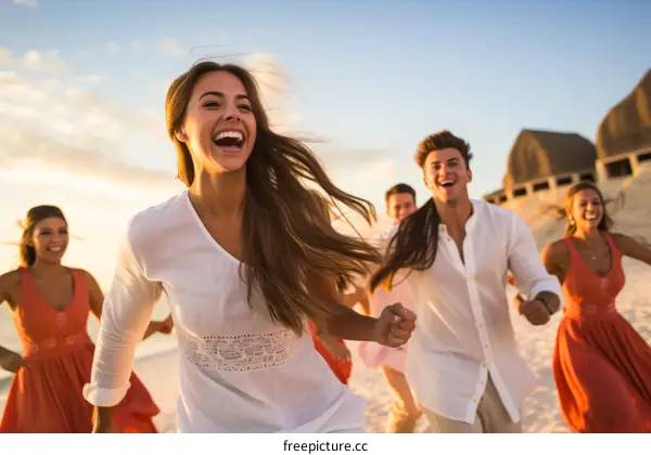carefree friends running on beach at sunset