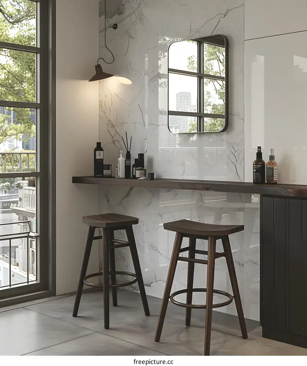 Modern Minimalist Bathroom Interior Design With White Marble Tiles and Wooden Stools
