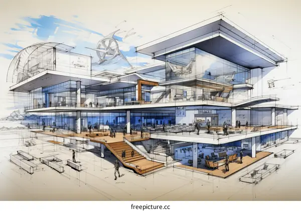 The architectural visualization of the office building