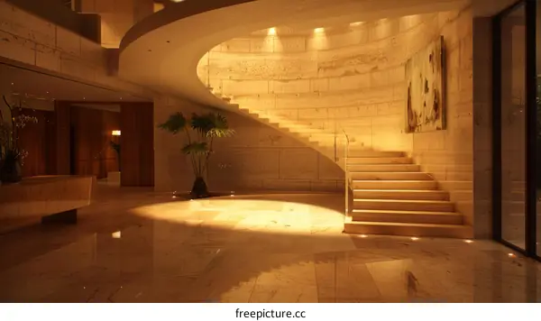 Curved Staircase with Marble Tiles