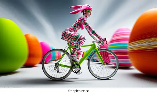 Woman Biking Through Easter Eggs