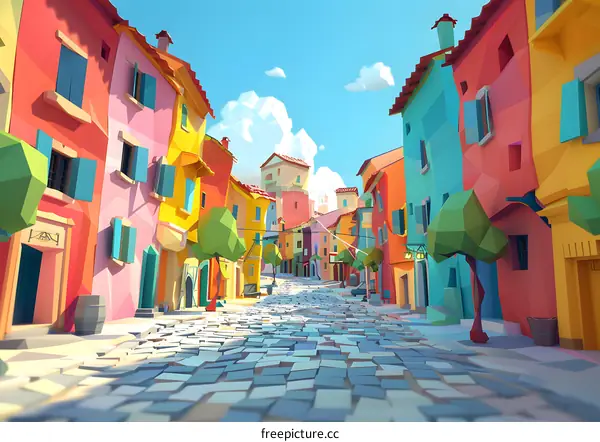colorful 3d illustration of a mediterranean street