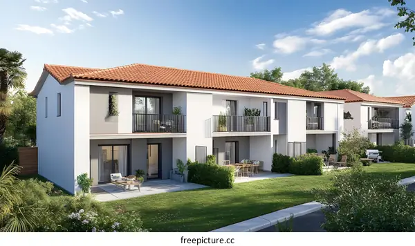 Modern White Two Story Houses with Balconies and Patios