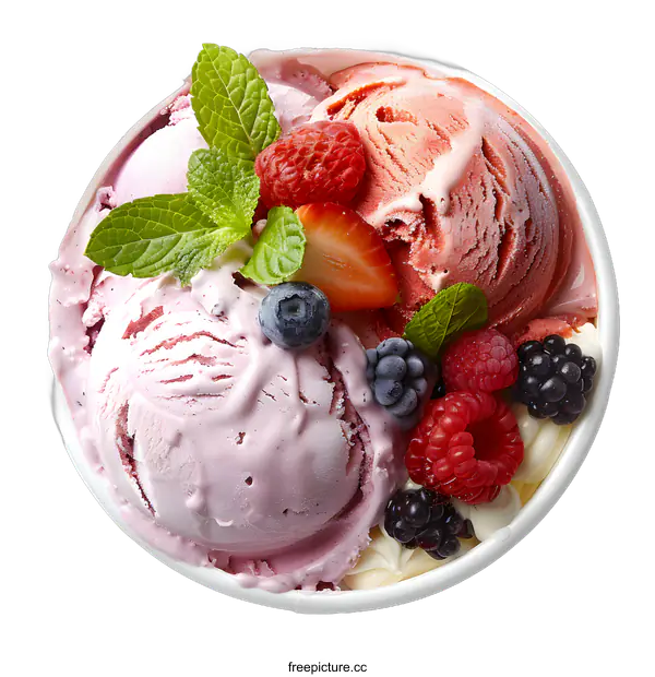 [Transparent Background PNG]Bowl of ice cream with fresh berries and mint