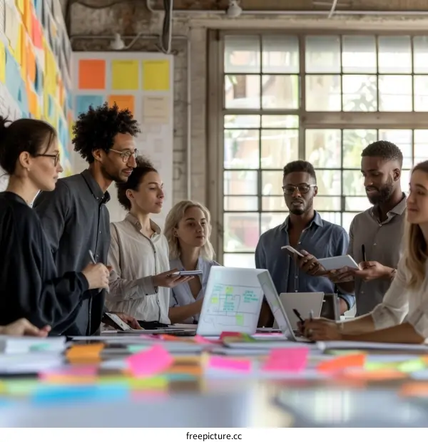 Diverse group of business professionals having a meeting in a creative office space