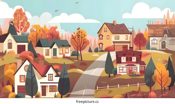 Autumnal Town Landscape Illustration