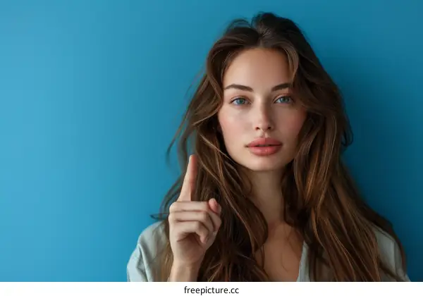 Young attractive woman with long brown hair and blue eyes pointing up isolated on blue background