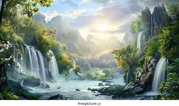 Waterfall Landscape with Mountain Range