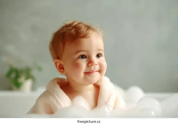 Baby Girl Bathing in Bubbles with Soft Light