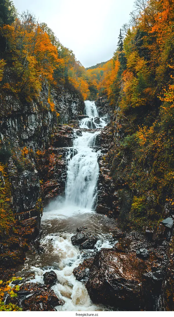 Waterfall Flowing Through Autumn Forest