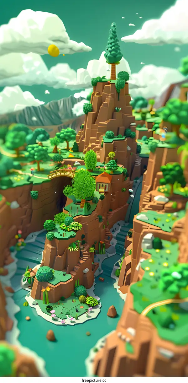 Low Poly Nature Landscape with Waterfall and Tiny House