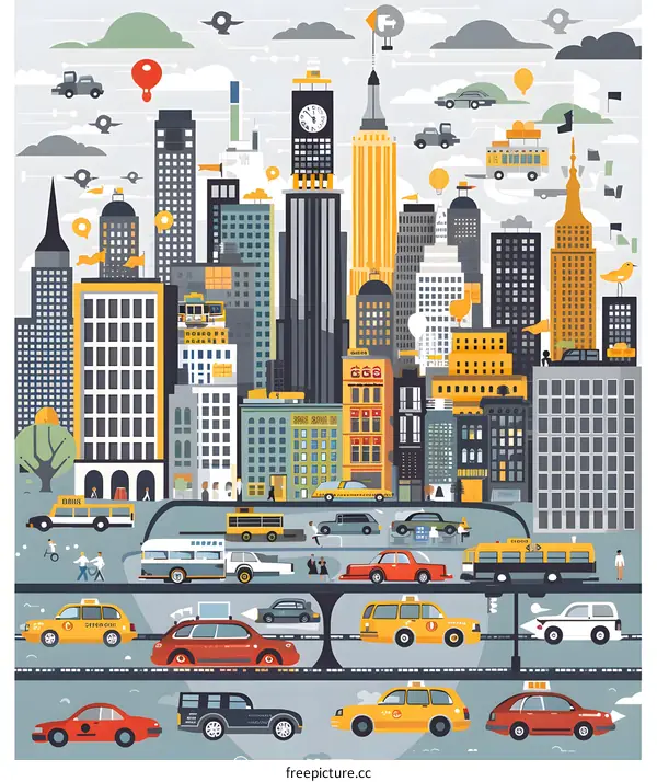 Cityscape Illustration With Cars And Buildings