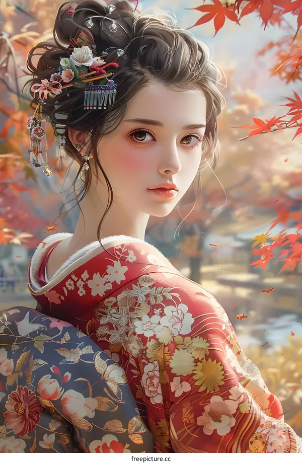 portrait of a beautiful asian woman in traditional japanese kimono with red maple leaves in the background