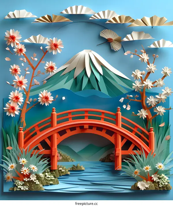 A paper cut illustration of a bridge in Japan with a mountain and cherry blossoms