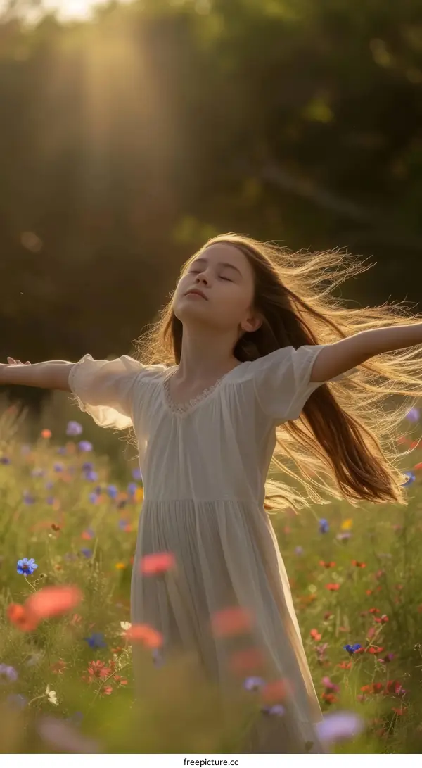 Girl Enjoying Nature in Wildflower Meadow