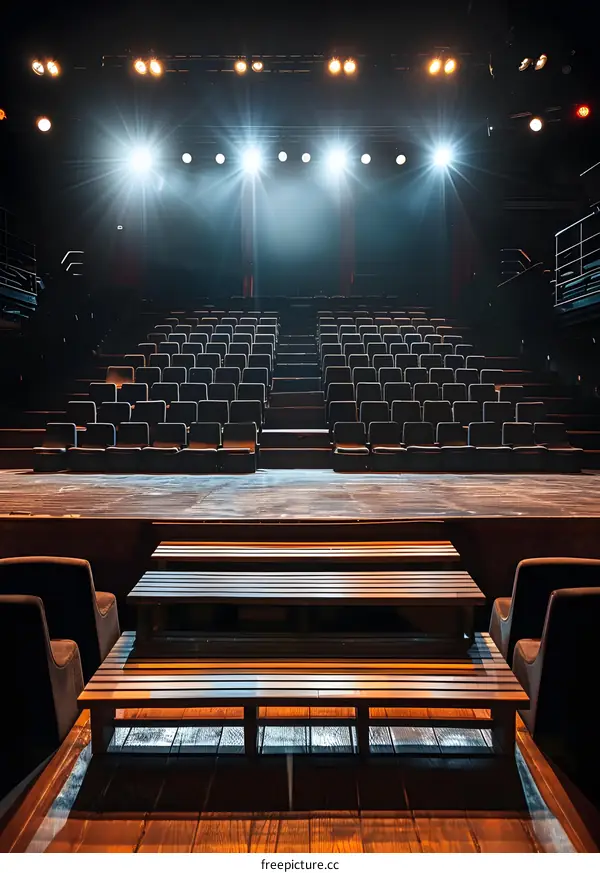 Empty Stage with Seats and Wooden Benches