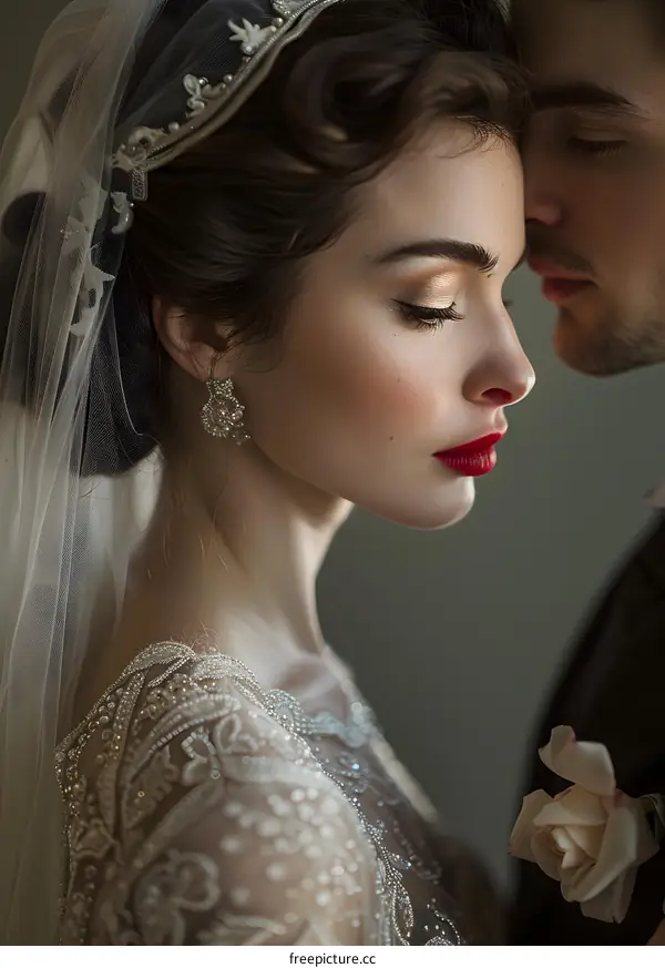 A bride wearing a lace wedding dress leans on the shoulder of दूल्हे