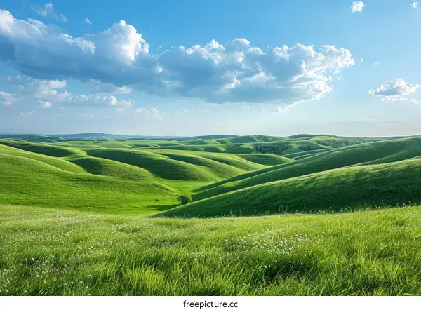 Undulating Green Hills under Azure Sky and Cotton-like Clouds