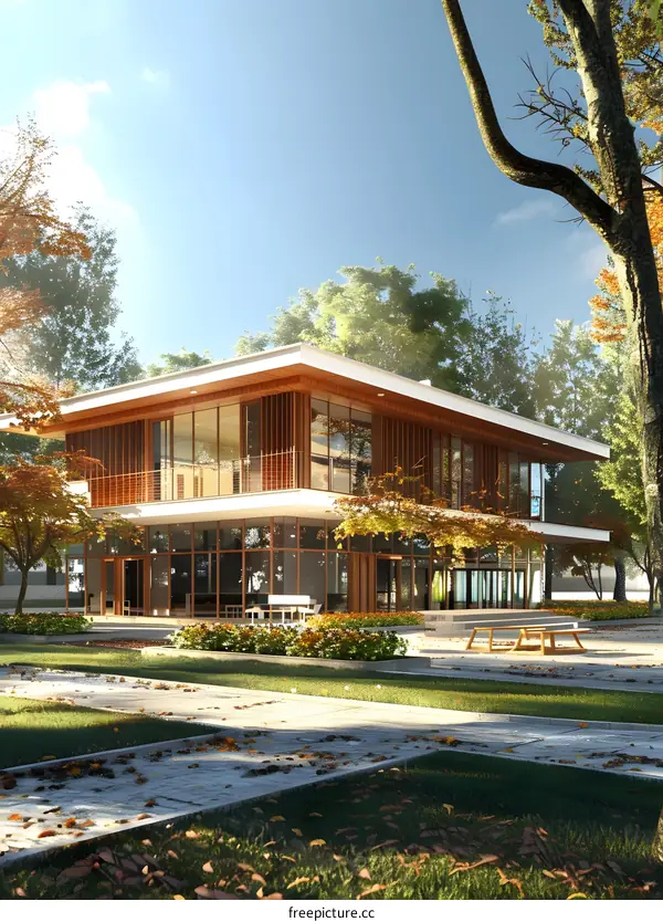 Modern House with Wooden Facade and Large Windows in a Green Landscape